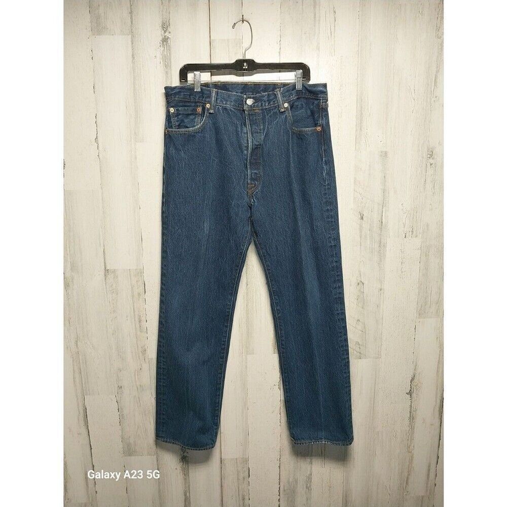 Levis 501 Mens Denim Blue Jeans Straight Leg Tag 38x34 Button Fly Hemmed 36x31